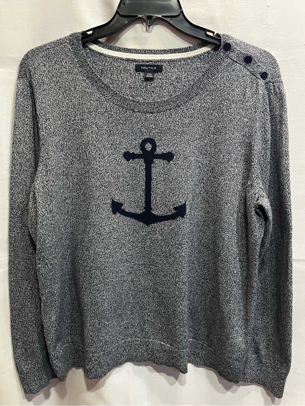 Nautica Anchor Navy White Marled Cotton Crewneck Sweater Size XXL